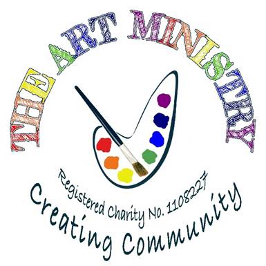 Logo consisting of the words "The Art Ministry Creating Community Registered Charity 1108227" circled around a paint palette and paint brush
 